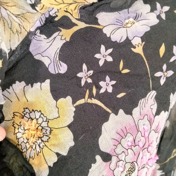 Vtg 90s Silk Beaded Blouse L Whimsigoth Fairy Floral Coquette Cottagecore Sheer - Picture 8 of 12